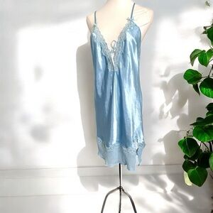 Fairycore Slip Dress – Powder Blue Satin & Lace, Romantic Soft Vintage Y2K L